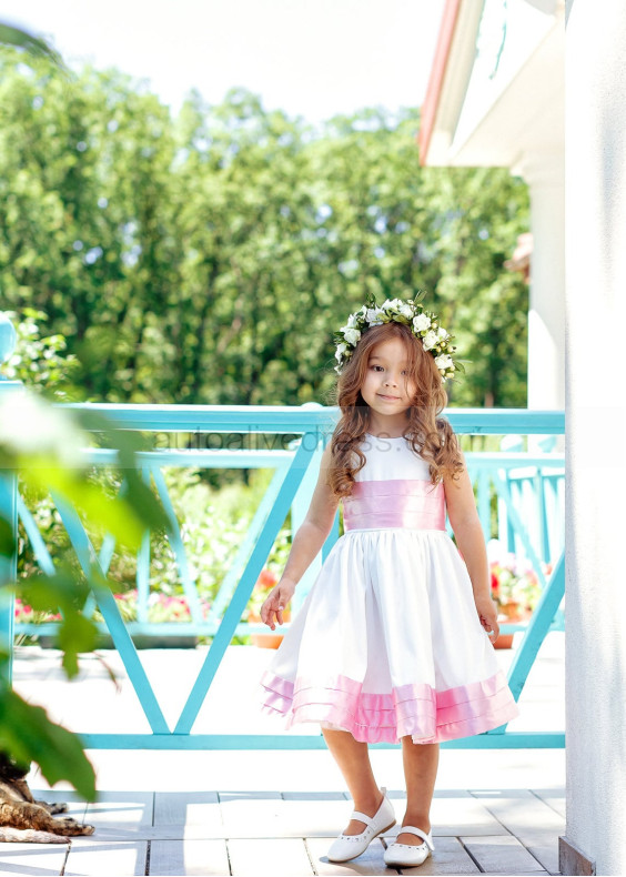 Kids Formal White And Pink Satin Flower Girl Dress